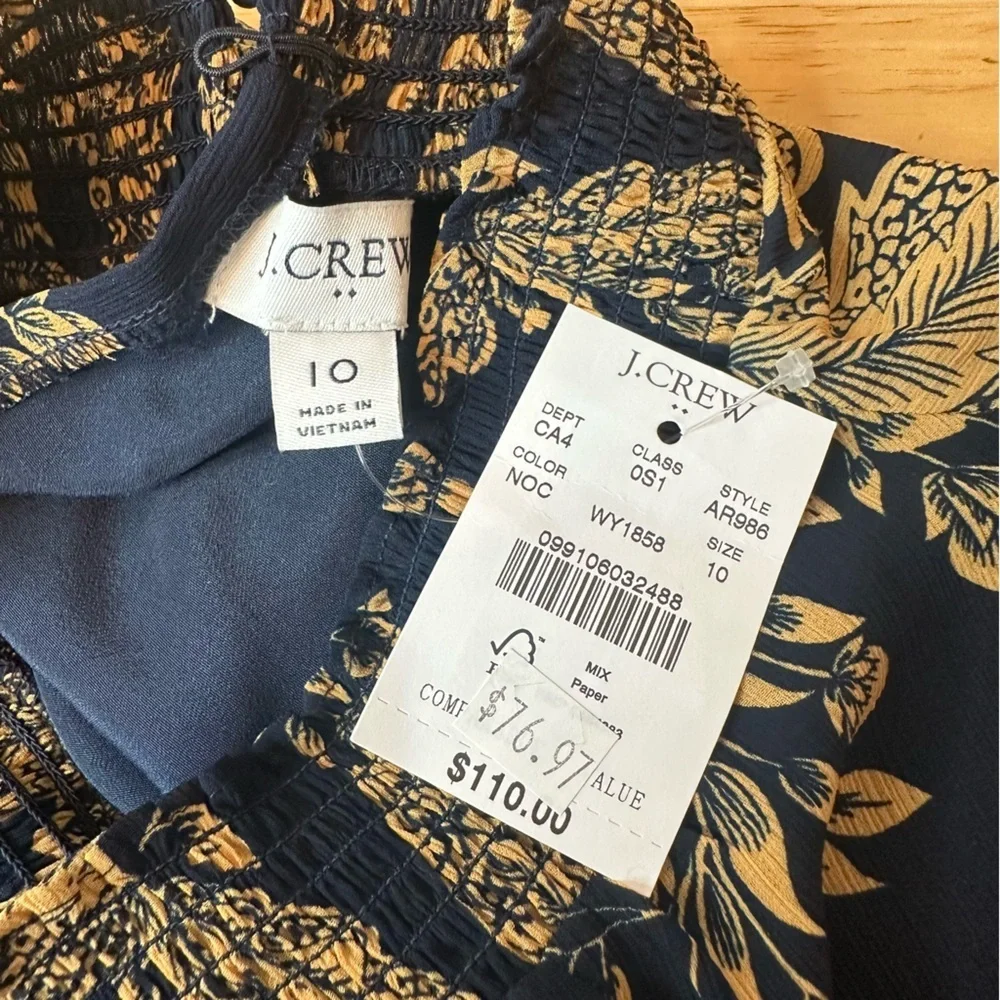 J Crew Women’s Blue & Gold Floral Chiffon High Neck NWT Dress Size 10